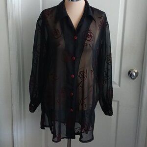 VTG Menta Top shirt black red sheer oversized button down long sleeves (L-XL)